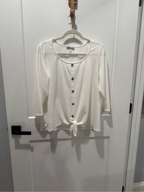 Set The Stage Women's White Waffle Knit Button-Up Tie-Front Top